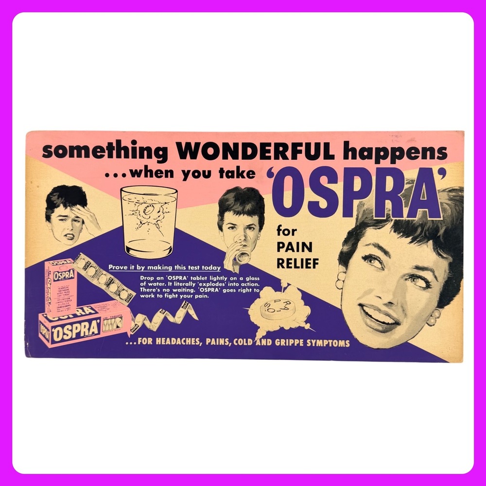 1950s OSPRA Medicine Vintage Advertising Sign 21" Cardboard Trolley Woman MCM